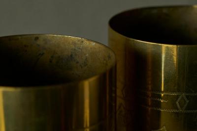 Pair of Grapevine Decorated Trench Art Vases in Patinated Brass 1920s