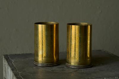 Pair of Grapevine Decorated Trench Art Vases in Patinated Brass 1920s