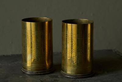 Pair of Grapevine Decorated Trench Art Vases in Patinated Brass 1920s