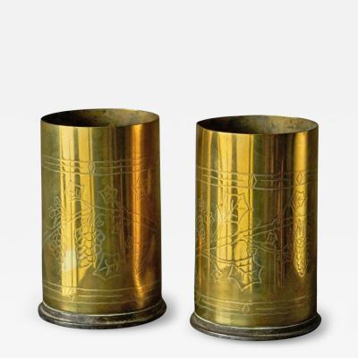 Pair of Grapevine Decorated Trench Art Vases in Patinated Brass 1920s