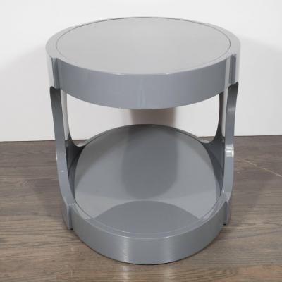 Pair of Graphic Modernist Gray Lacquered Two Tiered Oval Side Tables