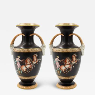 Pair of Grecian Orange and Black Porcelain Vases