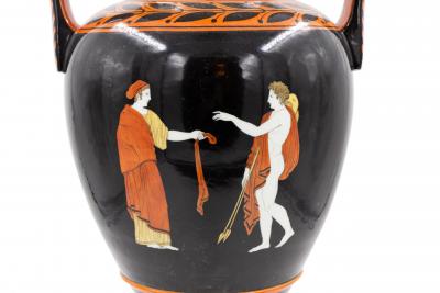 Pair of Grecian Style Black and Orange Porcelain Vases