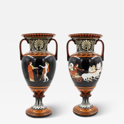 Pair of Grecian Style Black and Orange Porcelain Vases