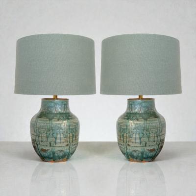 Pair of Green Drip Glazed Table Lamps