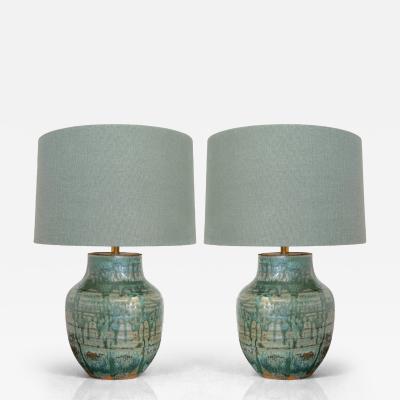 Pair of Green Drip Glazed Table Lamps