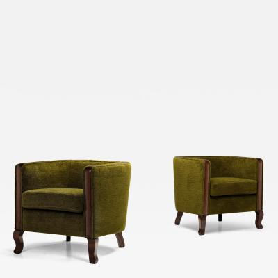 Pair of Green Funkis Easy Chairs with Oak Frame Scandinavia 1930s
