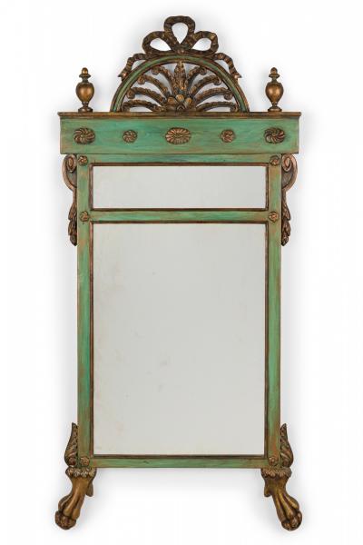 Pair of Green Painted Trumeau Dual Mirrors with Arch and Bow Pediments