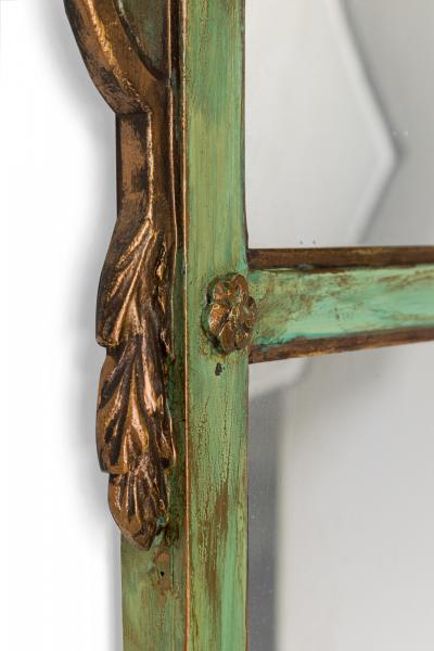 Pair of Green Painted Trumeau Dual Mirrors with Arch and Bow Pediments