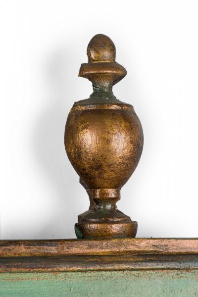 Pair of Green Painted Trumeau Dual Mirrors with Arch and Bow Pediments