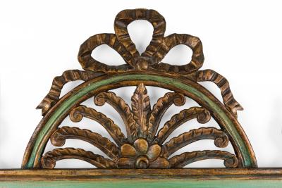 Pair of Green Painted Trumeau Dual Mirrors with Arch and Bow Pediments