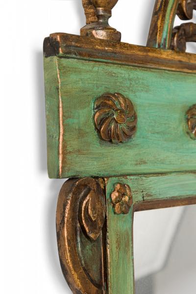 Pair of Green Painted Trumeau Dual Mirrors with Arch and Bow Pediments