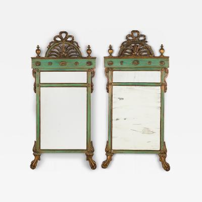 Pair of Green Painted Trumeau Dual Mirrors with Arch and Bow Pediments