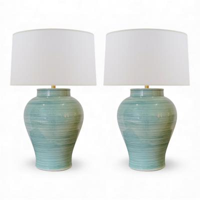Pair of Green Stoneware Urn Shaped Table Lamps
