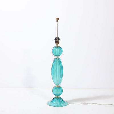 Pair of Hand Blown Aquamarine Murano Fluted Glass Table Lamps w 24 Karat Gold