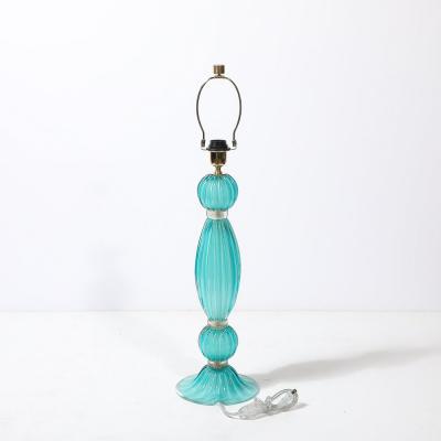 Pair of Hand Blown Aquamarine Murano Fluted Glass Table Lamps w 24 Karat Gold