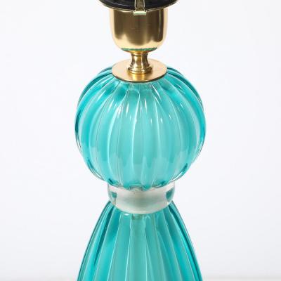Pair of Hand Blown Aquamarine Murano Fluted Glass Table Lamps w 24 Karat Gold