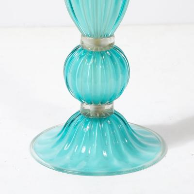 Pair of Hand Blown Aquamarine Murano Fluted Glass Table Lamps w 24 Karat Gold