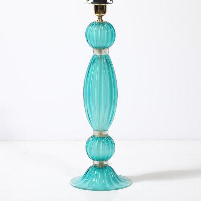 Pair of Hand Blown Aquamarine Murano Fluted Glass Table Lamps w 24 Karat Gold