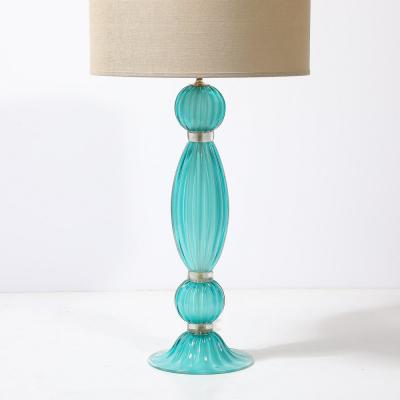 Pair of Hand Blown Aquamarine Murano Fluted Glass Table Lamps w 24 Karat Gold