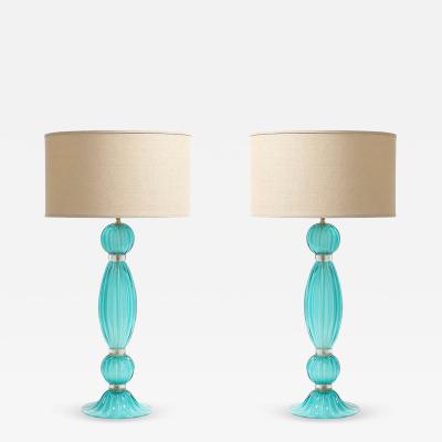 Pair of Hand Blown Aquamarine Murano Fluted Glass Table Lamps w 24 Karat Gold
