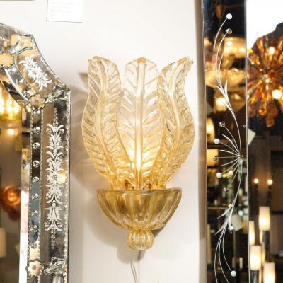 Pair of Hand Blown Modernist Murano Foglia Doro Glass Leaf Form Sconces
