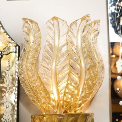 Pair of Hand Blown Modernist Murano Foglia Doro Glass Leaf Form Sconces