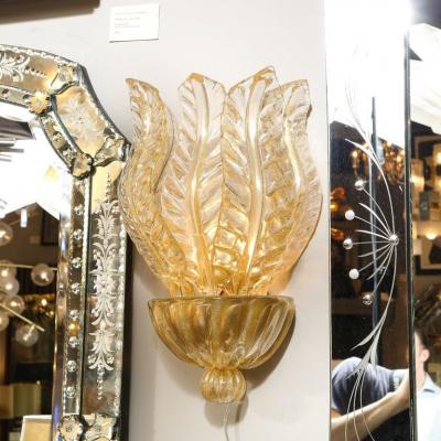 Pair of Hand Blown Modernist Murano Foglia Doro Glass Leaf Form Sconces