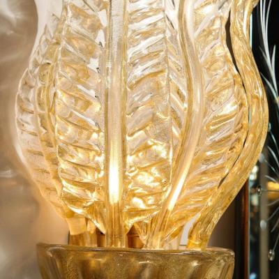 Pair of Hand Blown Modernist Murano Foglia Doro Glass Leaf Form Sconces
