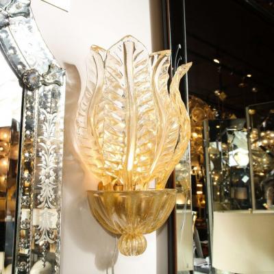 Pair of Hand Blown Modernist Murano Foglia Doro Glass Leaf Form Sconces