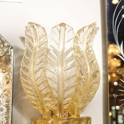 Pair of Hand Blown Modernist Murano Foglia Doro Glass Leaf Form Sconces