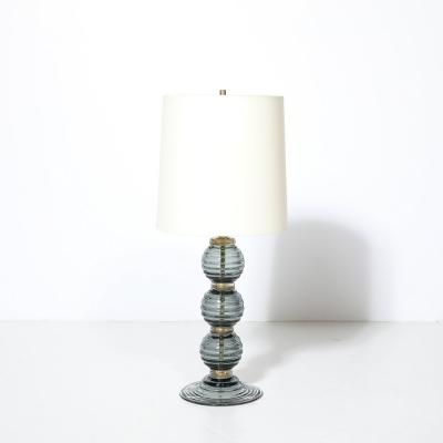 Pair of Hand Blown Murano Ribbed Smoked Glass Table Lamps with Brass Fittings