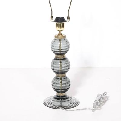 Pair of Hand Blown Murano Ribbed Smoked Glass Table Lamps with Brass Fittings