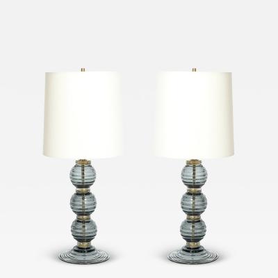 Pair of Hand Blown Murano Ribbed Smoked Glass Table Lamps with Brass Fittings