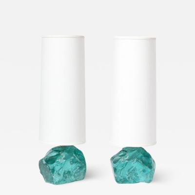 Pair of Hand Cut Aquamarine Murano Glass Table Lamps