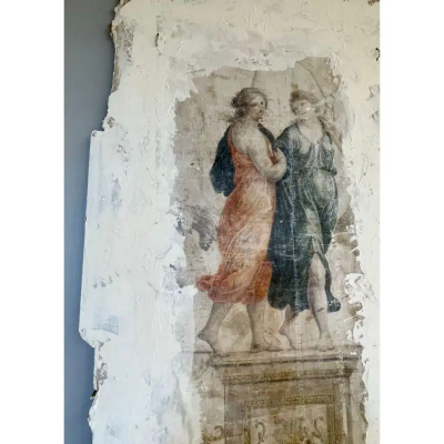 Pair of Hand Painted Architectural Roman Wall Fragments Italian Venetian Style