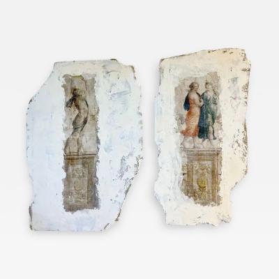 Pair of Hand Painted Architectural Roman Wall Fragments Italian Venetian Style