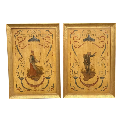 Pair of Hand Painted Chinoiserie Panels in Giltwood Frames