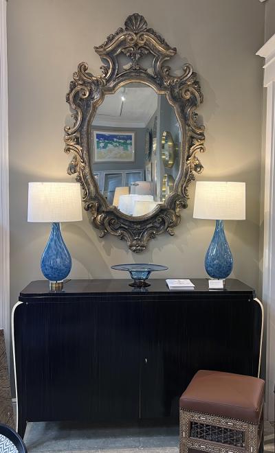 Pair of Hand blown Mottled Blue Art Glass Teardrop form Lamps