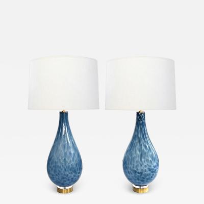 Pair of Hand blown Mottled Blue Art Glass Teardrop form Lamps