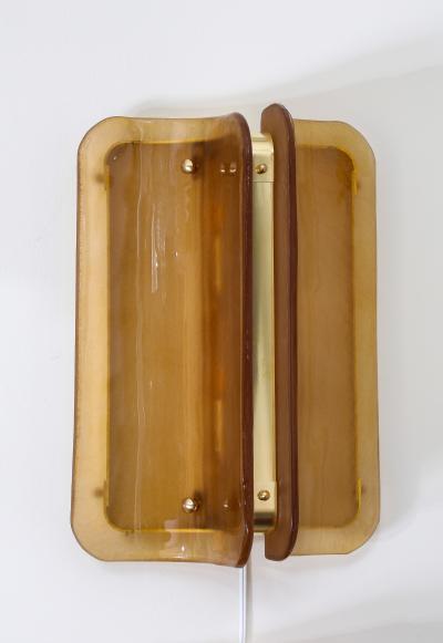 Pair of Hand casted Murano Glass and Brass Wall Sconces in Cognac Italy