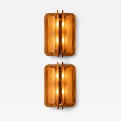 Pair of Hand casted Murano Glass and Brass Wall Sconces in Cognac Italy
