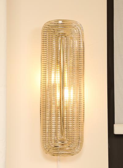 Pair of Handcrafted Textured Clear Murano Glass and Brass Sconces Italy