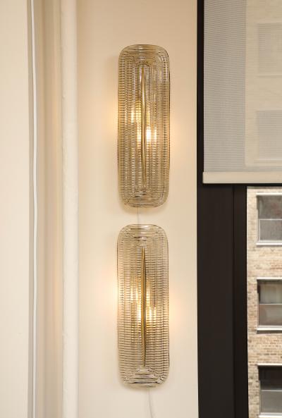 Pair of Handcrafted Textured Clear Murano Glass and Brass Sconces Italy