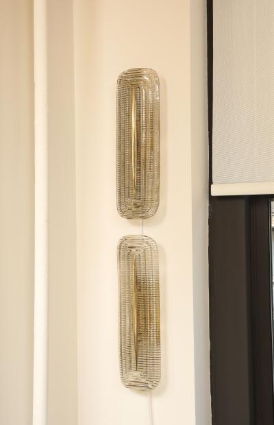 Pair of Handcrafted Textured Clear Murano Glass and Brass Sconces Italy