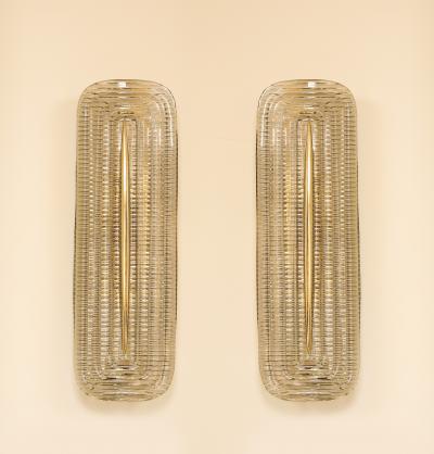 Pair of Handcrafted Textured Clear Murano Glass and Brass Sconces Italy