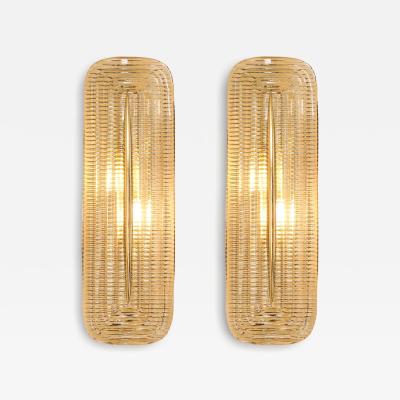 Pair of Handcrafted Textured Clear Murano Glass and Brass Sconces Italy