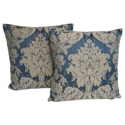 Pair of Handmade Blue Damask Pillows with a Floral Pattern