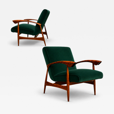 Pair of Hardwood Green Velvet Armchairs by Liceu de Artes e Of cios 1960s