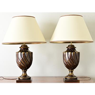 Pair of Heavy Brass Urn Table Lamps
